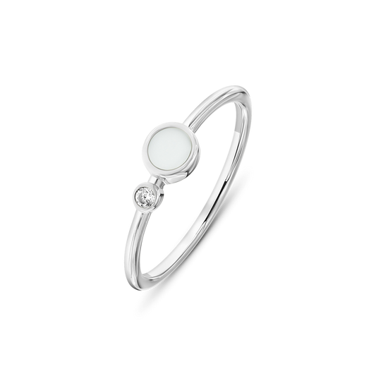 Silver Giulia breast milk ring with a round milk stone and a small clear cubic zirconia on a band