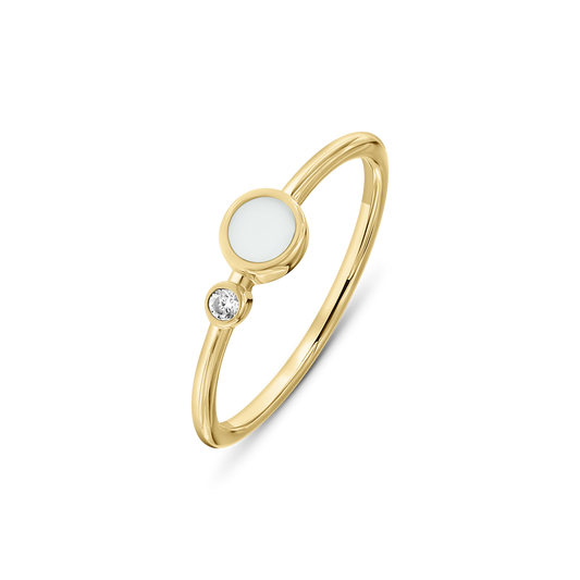 Yellow gold Giulia breast milk ring with a round milk stone and a small clear cubic zirconia on a band