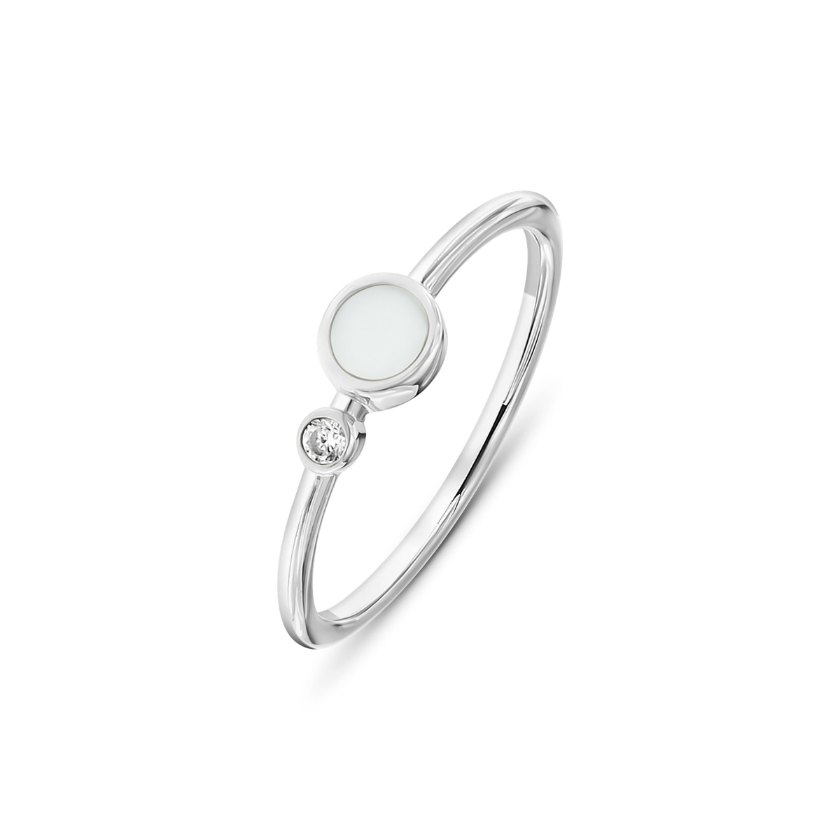 White gold Giulia breast milk ring with a round milk stone and a small clear cubic zirconia on a band