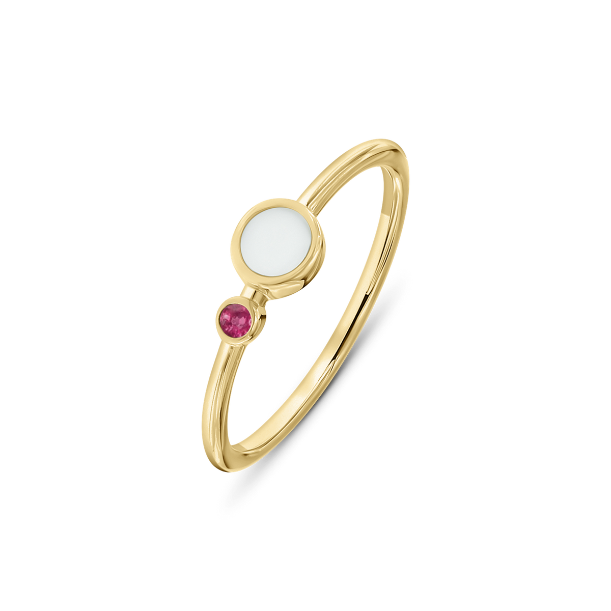 Yellow gold Giulia breast milk ring with a round milk stone and a small July ruby birthstone below it