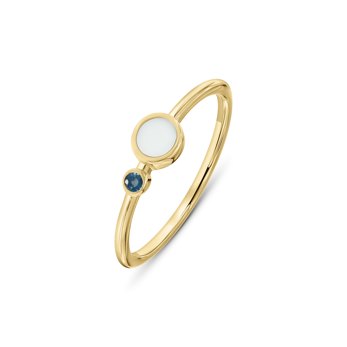 Yellow gold Giulia breast milk ring with a round milk stone and a small September sapphire birthstone below it