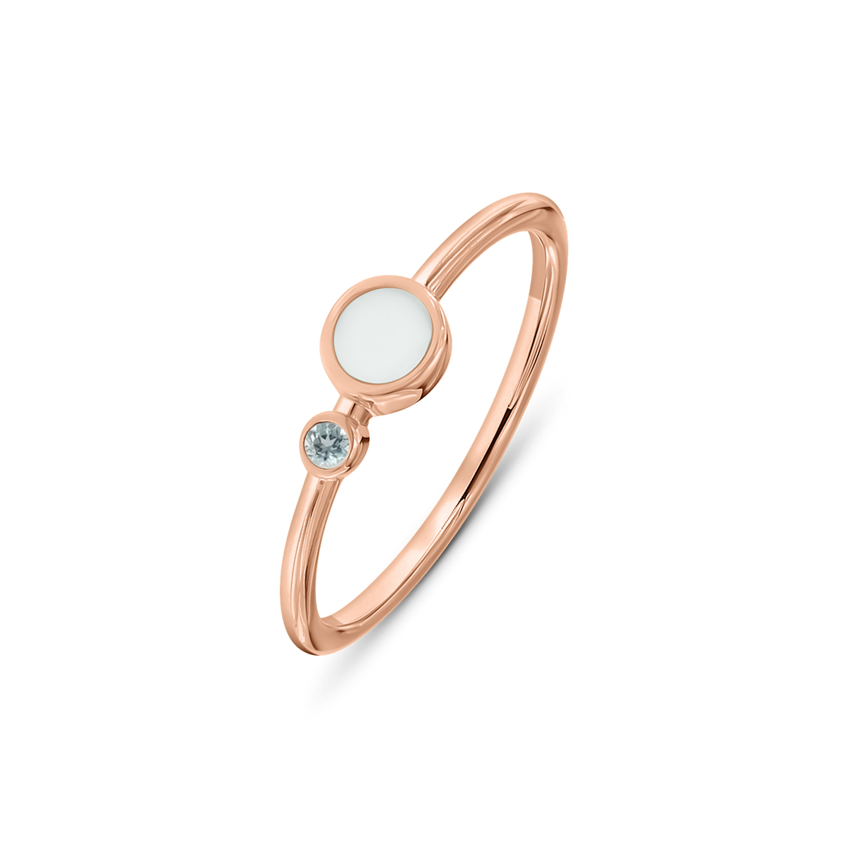 Rose gold Giulia breast milk ring with a round milk stone and a small March aquamarine birthstone below it