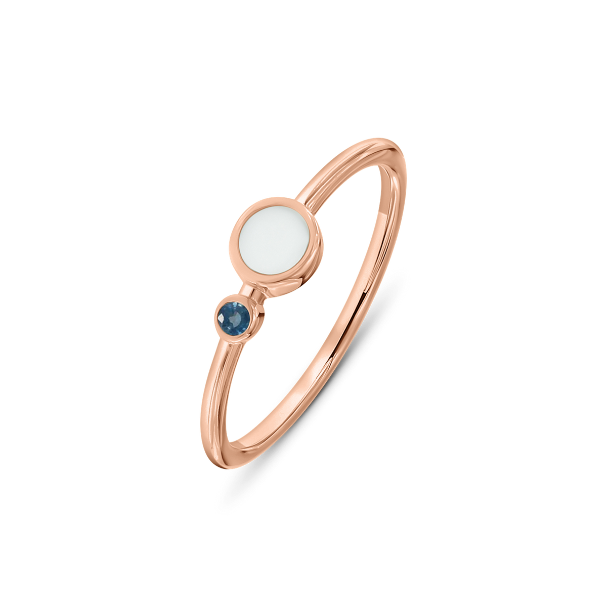 Rose gold Giulia breast milk ring with a round milk stone and a small September sapphire birthstone below it