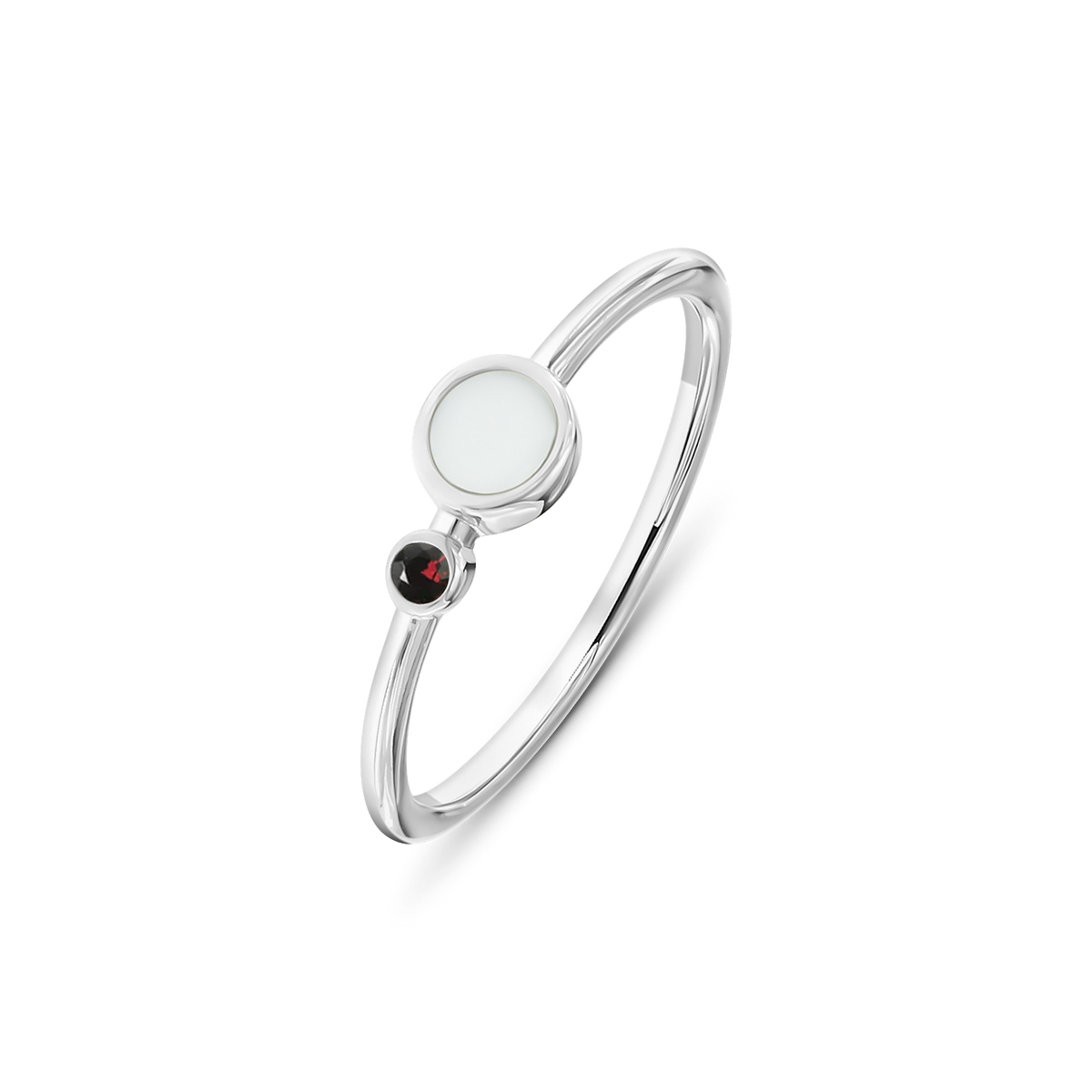 White gold Giulia breast milk ring with a round milk stone and a small January garnet birthstone below it