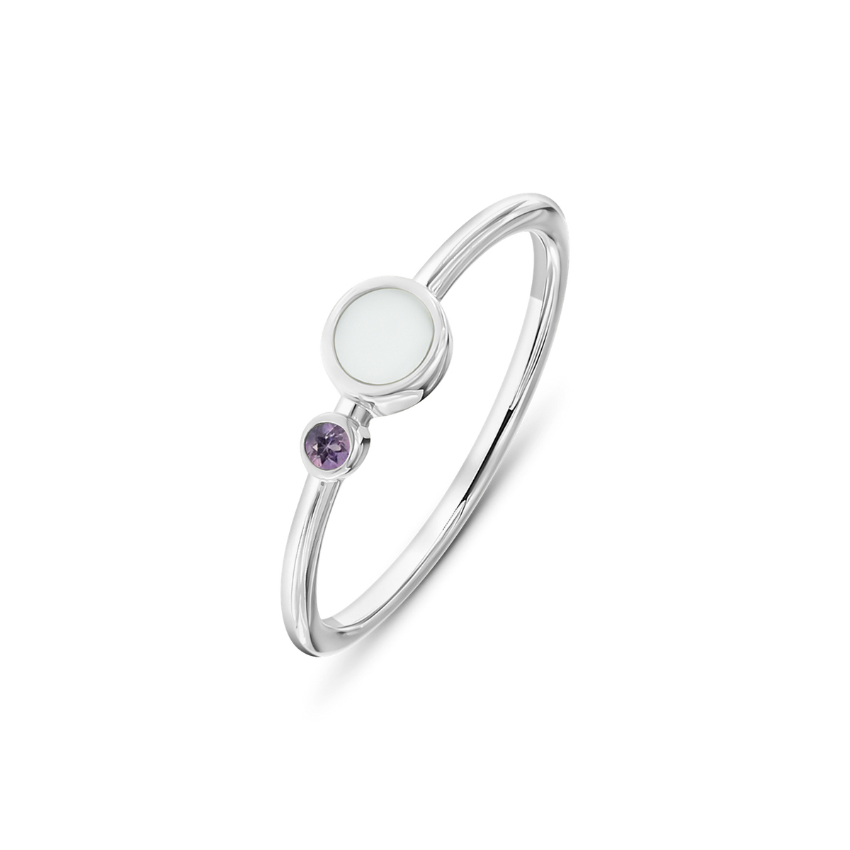 White gold Giulia breast milk ring with a round milk stone and a small February amethyst birthstone below it