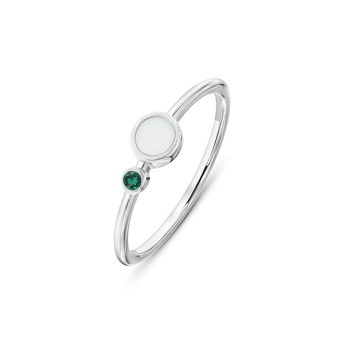 White gold Giulia breast milk ring with a round milk stone and a small May emerald birthstone below it