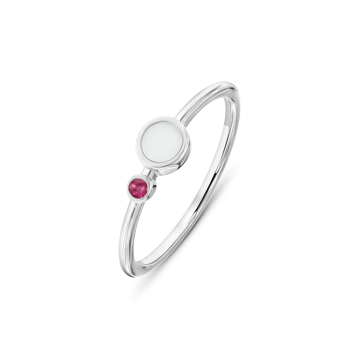 White gold Giulia breast milk ring with a round milk stone and a small July ruby birthstone below it