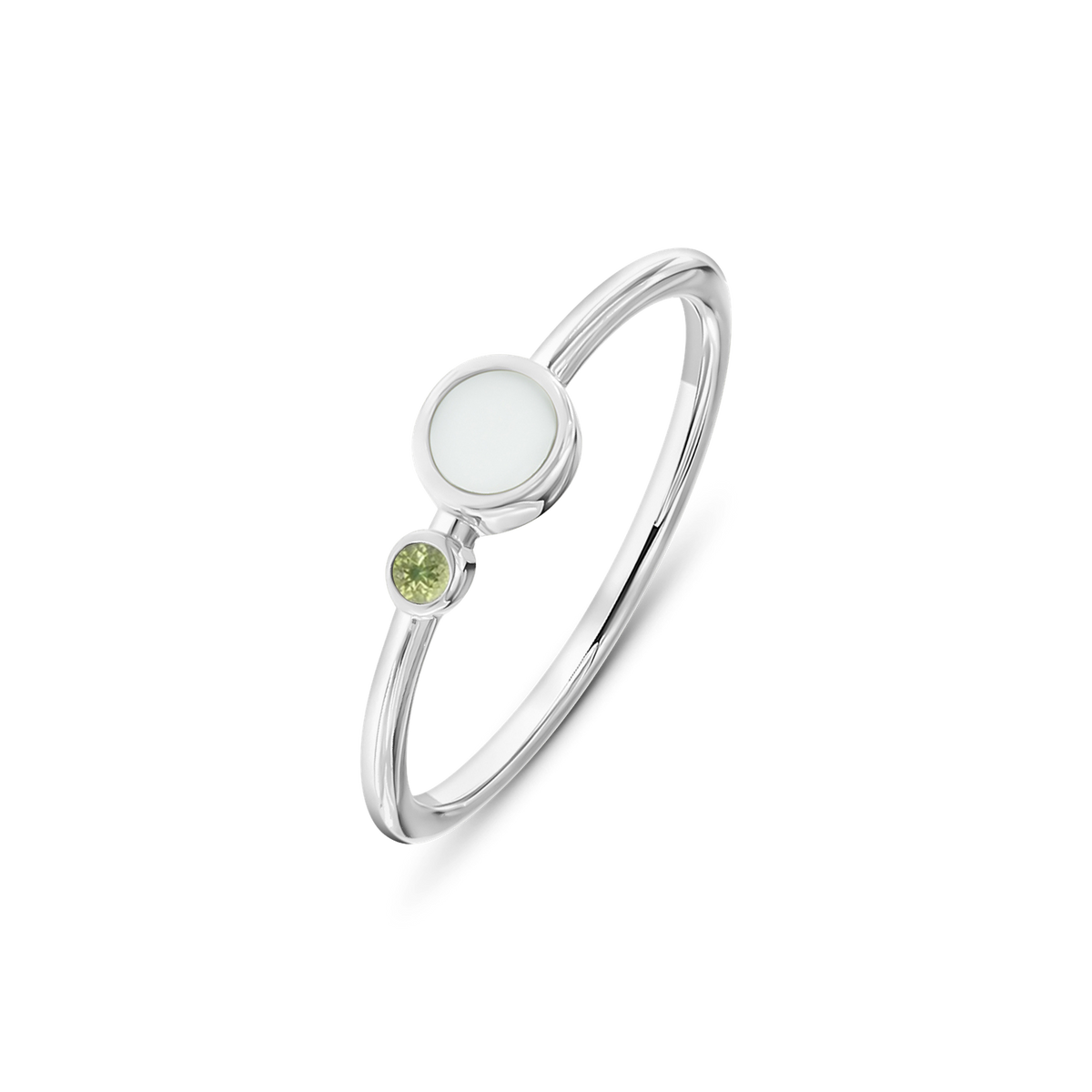 White gold Giulia breast milk ring with a round milk stone and a small August peridot birthstone below it