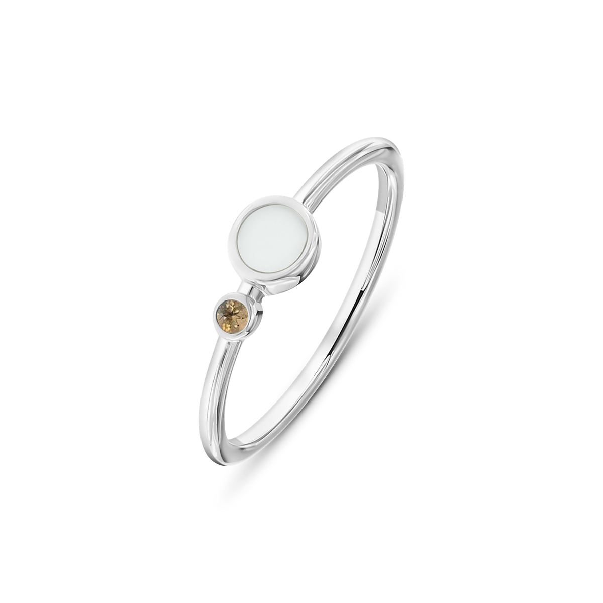 White gold Giulia breast milk ring with a round milk stone and a small November citrine birthstone below it