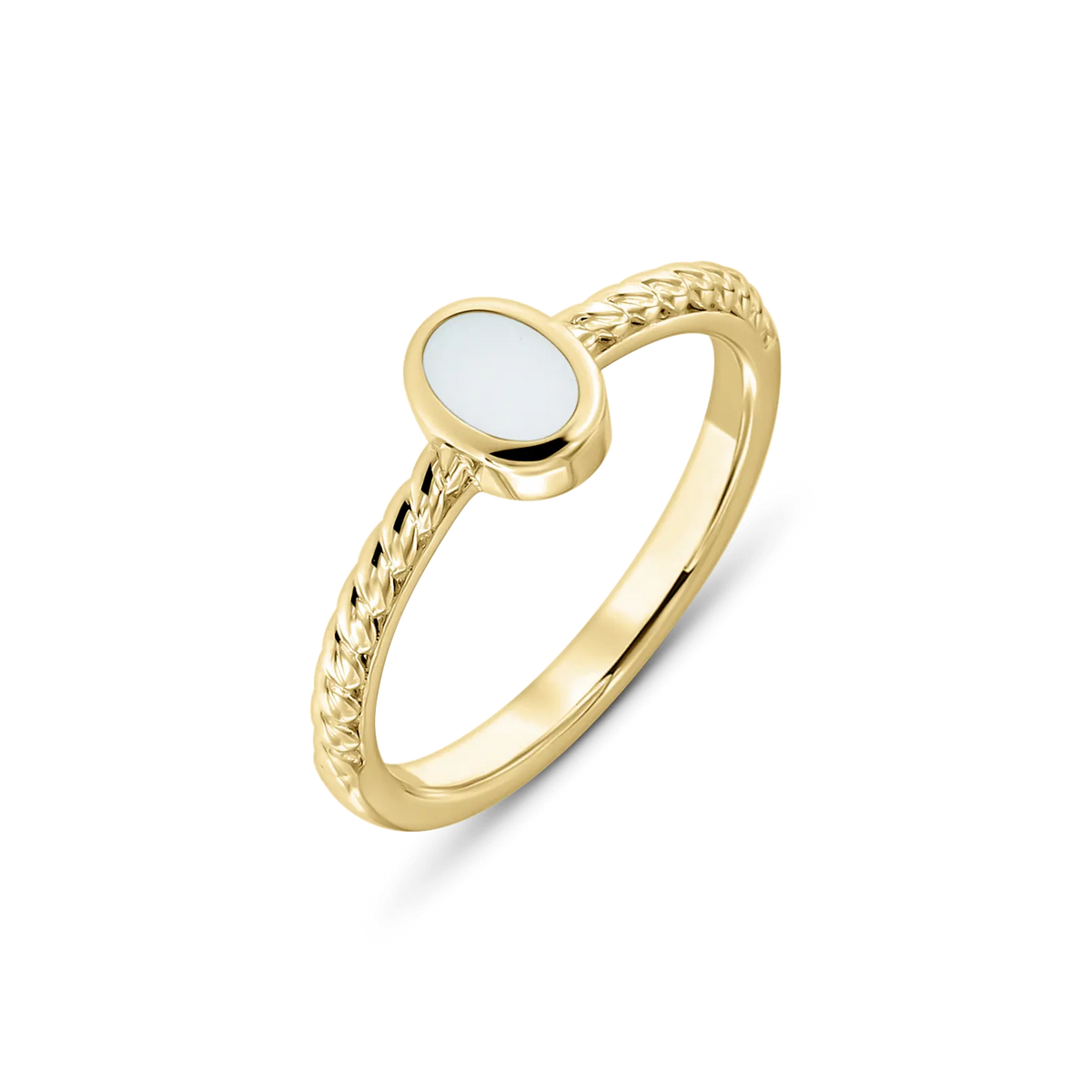 Yellow gold Ilse breast milk ring with an upright oval milk stone in a smooth bezel on a twisted band