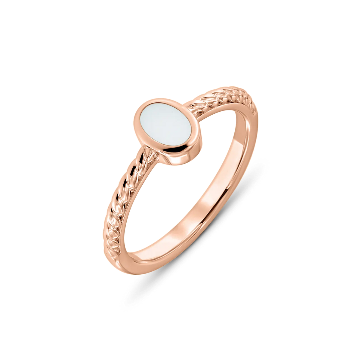 Rose gold Ilse breast milk ring with an upright oval milk stone in a smooth bezel on a twisted band