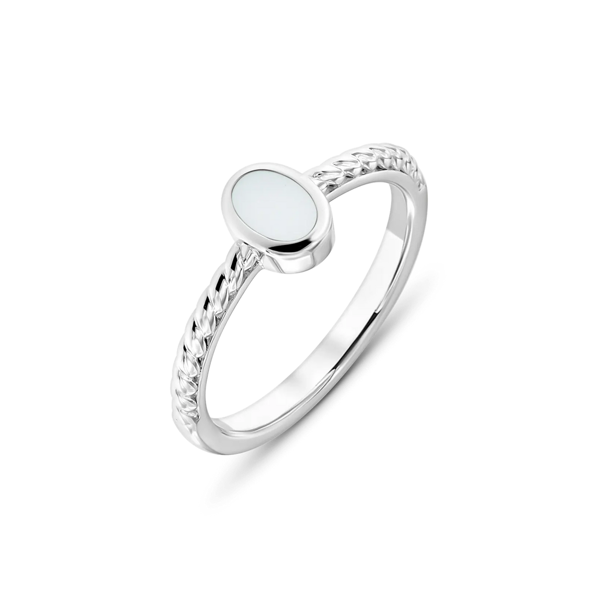 White gold Ilse breast milk ring with an upright oval milk stone in a smooth bezel on a twisted band