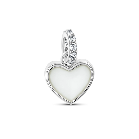Indy silver breast milk charm, full heart-shaped milk stone with a cubic zirconia set bail
