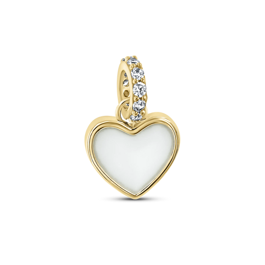 Indy yellow gold breast milk charm, full heart-shaped milk stone with a bail set with clear stones