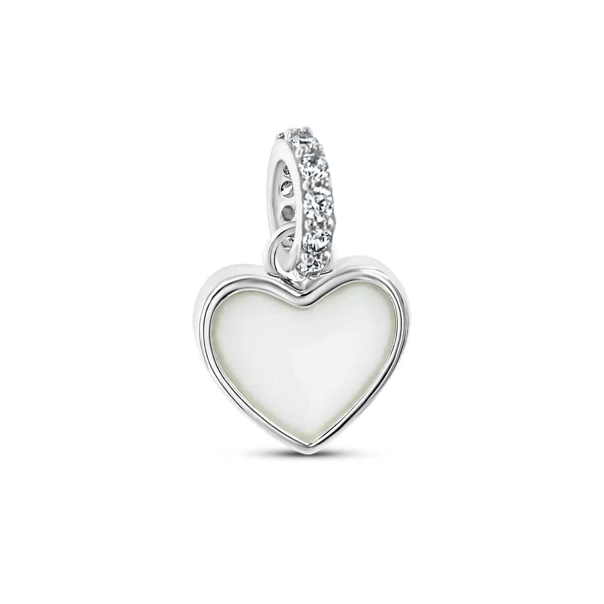 Indy white gold breast milk charm, full heart-shaped milk stone with a bail set with clear stones