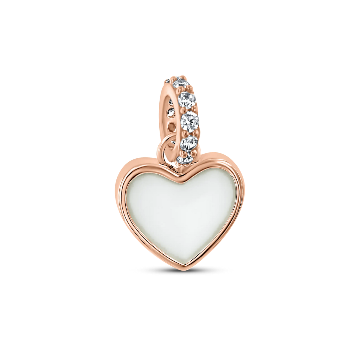 Indy rose gold breast milk charm, full heart-shaped milk stone with a bail set with clear stones