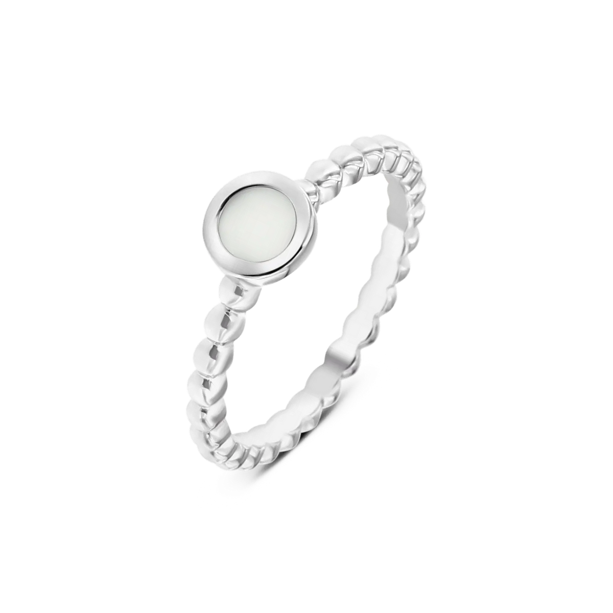 Silver Isabelle breast milk ring with a round milk stone in a smooth bezel on a beaded band