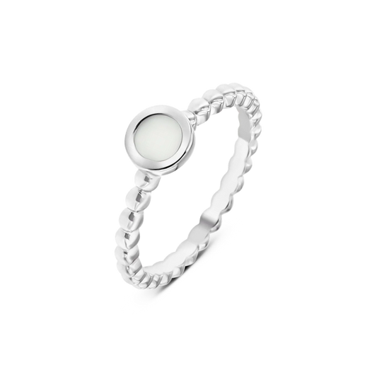 Silver Isabelle breast milk ring with a round milk stone in a smooth bezel on a beaded band