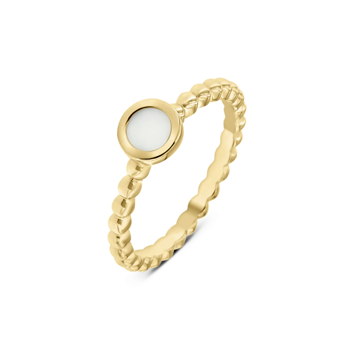 Yellow gold Isabelle breast milk ring with a round milk stone in a smooth bezel on a beaded band