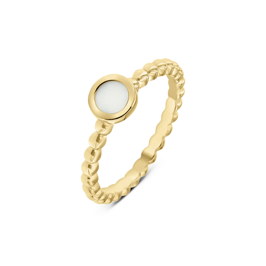 Yellow gold Isabelle breast milk ring with a round milk stone in a smooth bezel on a beaded band