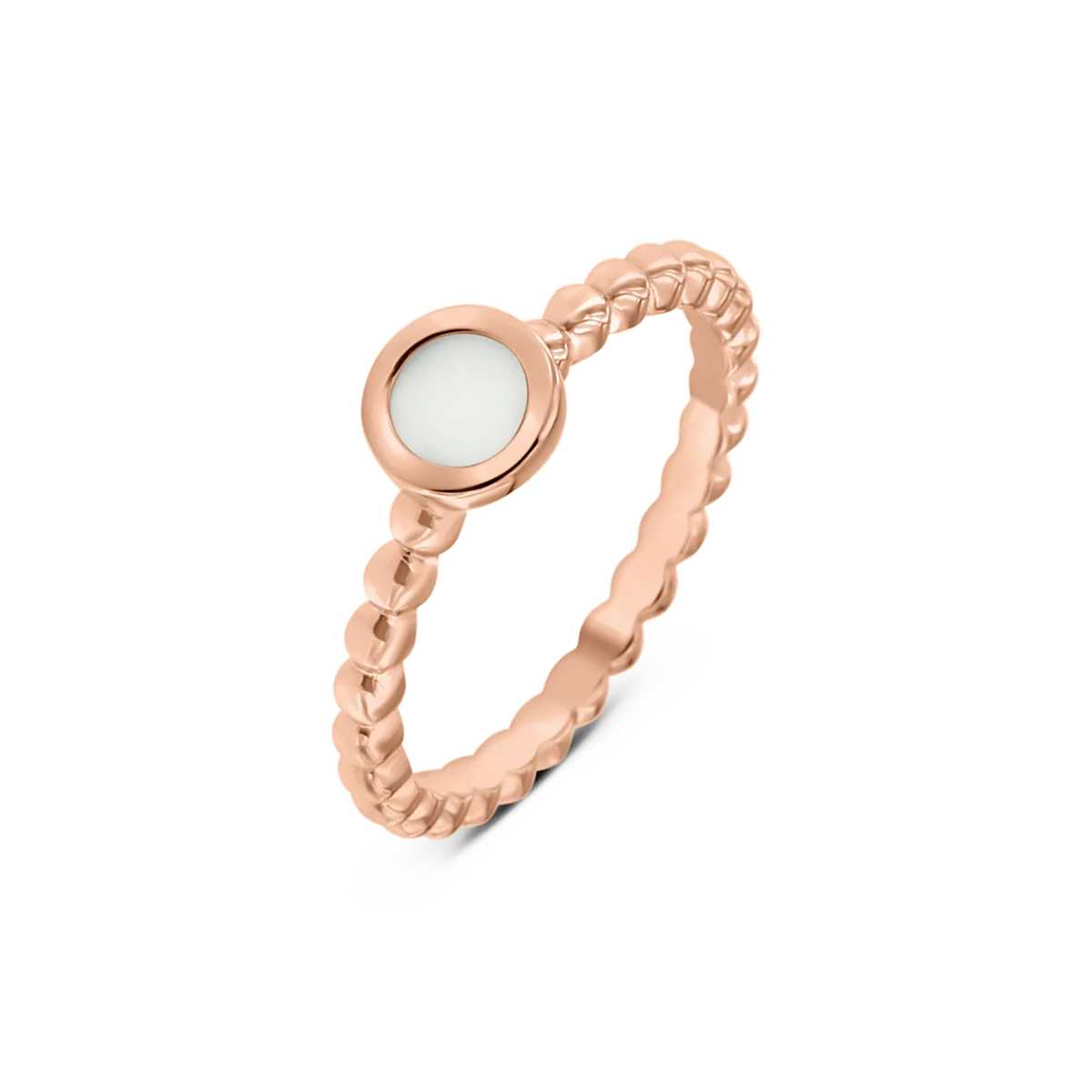 Rose gold Isabelle breast milk ring with a round milk stone in a smooth bezel on a beaded band