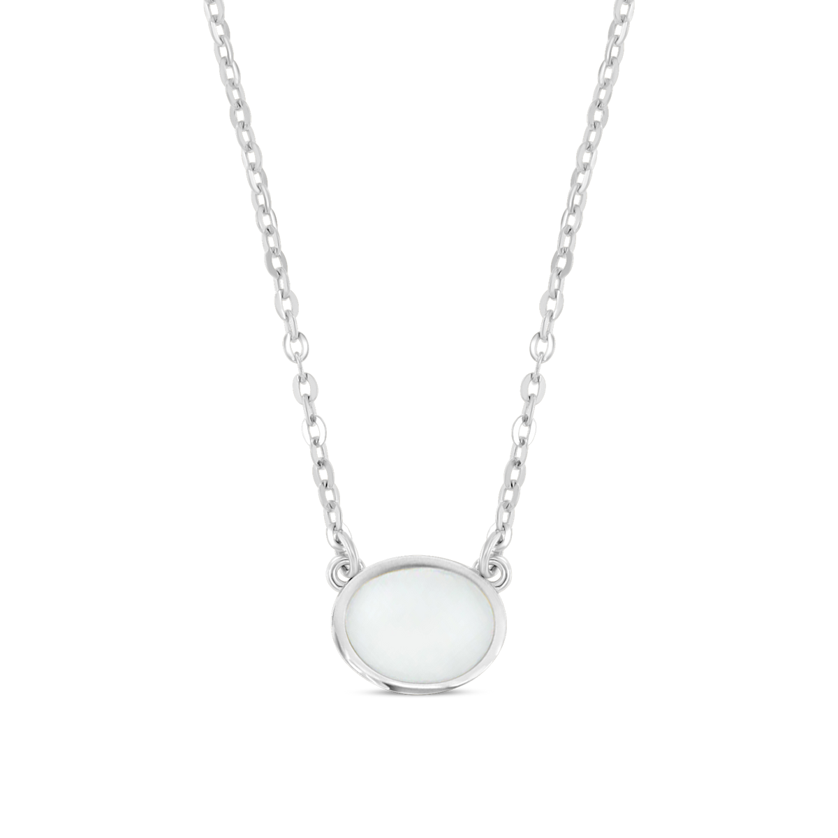 Juna silver necklace with a sideways oval breast milk stone in a slim bezel between the chain