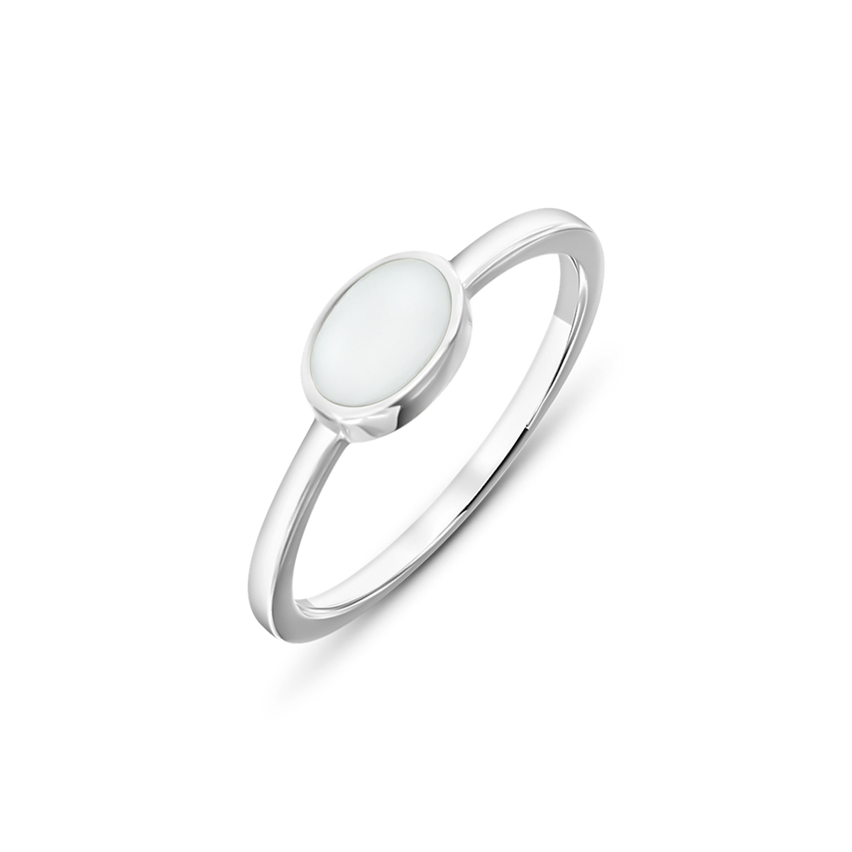 Silver Juna breast milk ring with a horizontal oval milk stone in a smooth bezel on a slim band