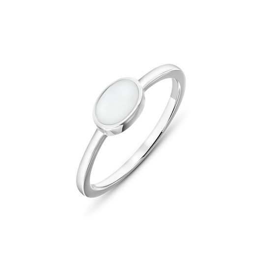Silver Juna breast milk ring with a horizontal oval milk stone in a smooth bezel on a slim band