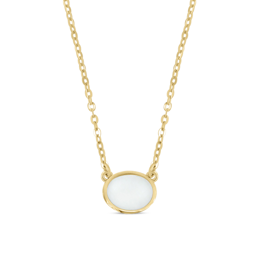 Juna yellow gold necklace with a horizontal oval breast milk stone fixed between two chain ends