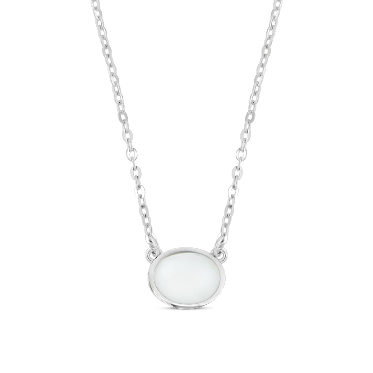 Juna white gold necklace, sideways oval breast milk stone in a smooth bezel on a cut-link chain