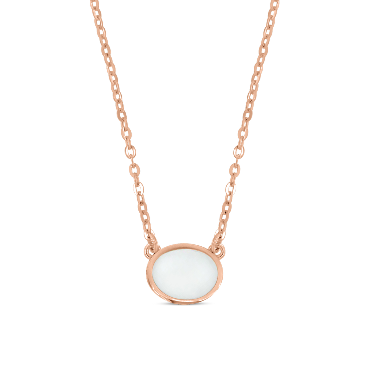 Juna rose gold necklace holding a horizontal oval breast milk stone attached on both sides