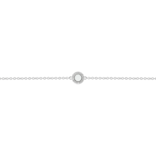 Juul silver breast milk bracelet with round milk stone in a halo of small clear stones on fine chain