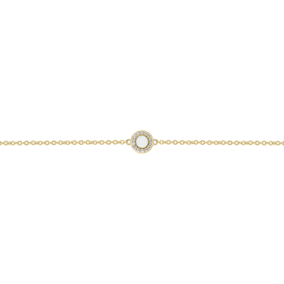 Juul yellow gold breast milk bracelet with round milk stone in a halo of small clear stones