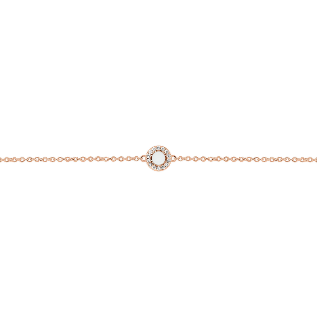 Juul rose gold breast milk bracelet with round milk stone in a halo of small clear stones