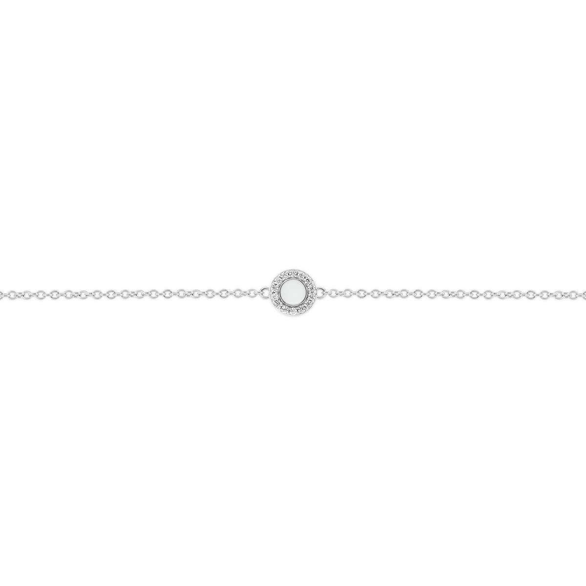 Juul white gold breast milk bracelet with round milk stone in a halo of small clear stones