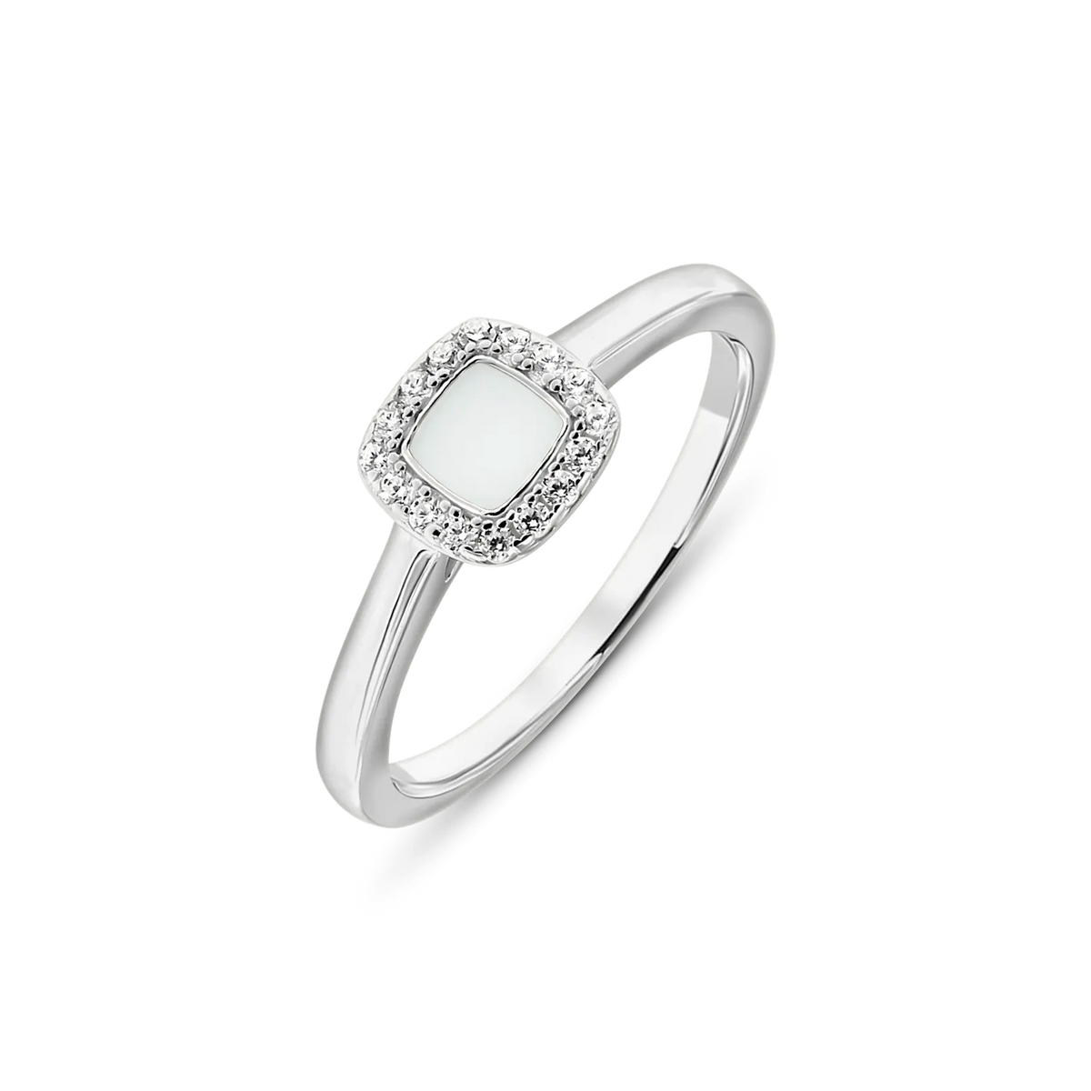 Silver Lara breast milk ring with a cushion-shaped milk stone in a halo of small clear stones