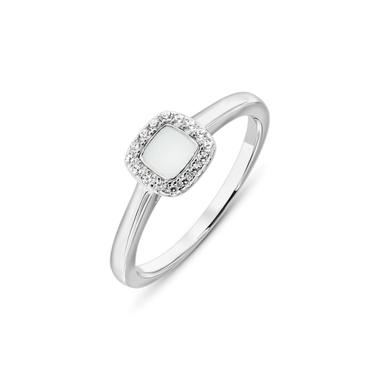 Silver Lara breast milk ring with a cushion-shaped milk stone in a halo of small clear stones
