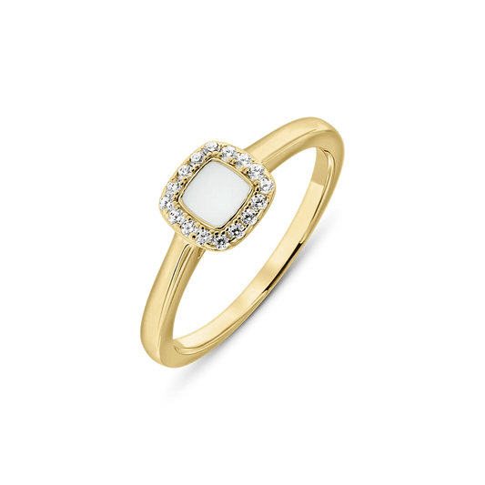 Yellow gold Lara breast milk ring with a cushion-shaped milk stone in a halo of small clear stones
