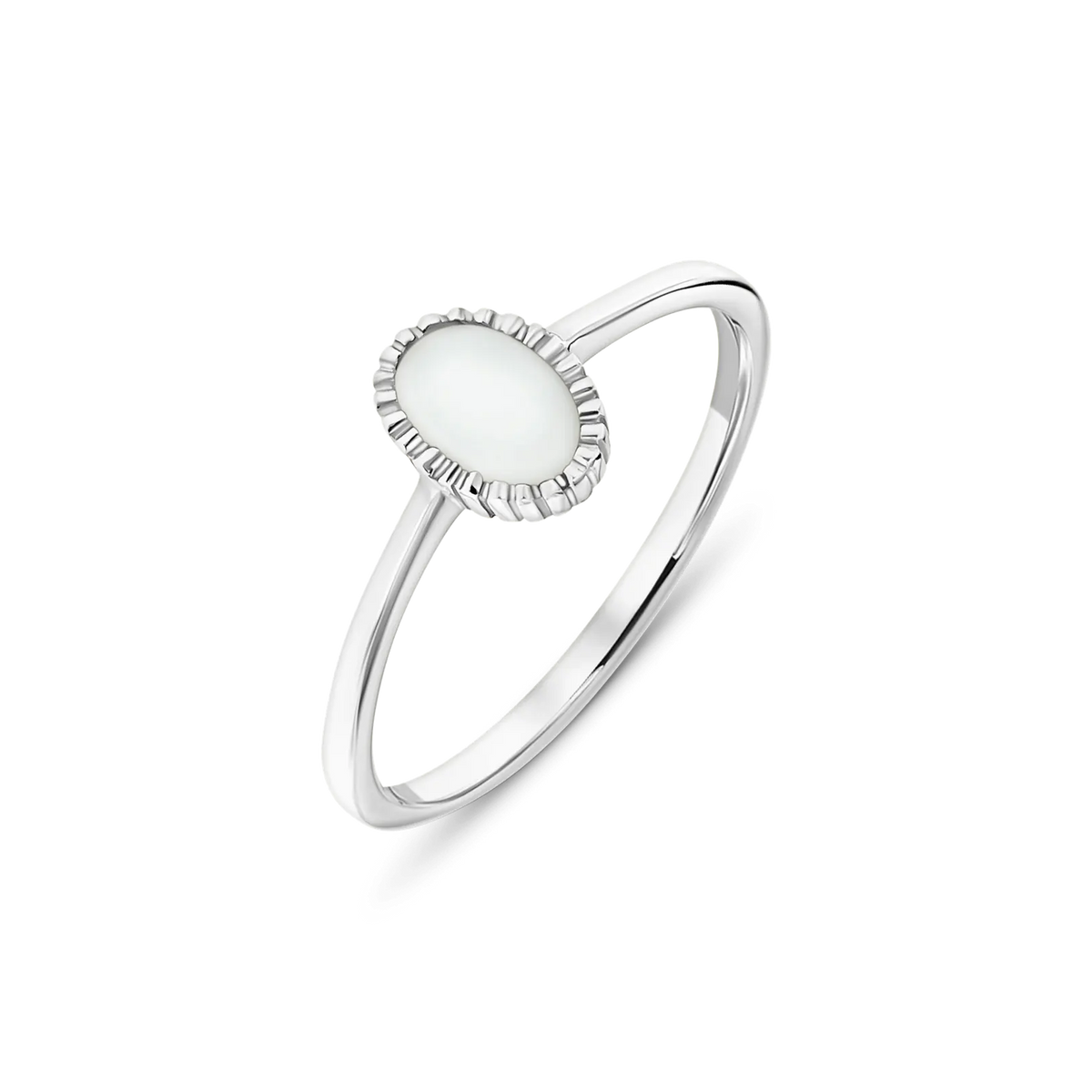 Lauren breast milk ring in silver with an upright oval stone in a ridged rim