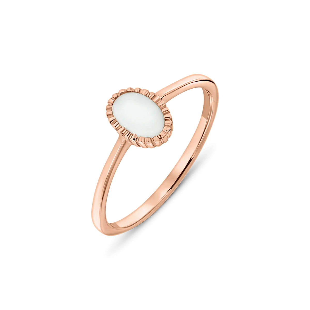 Lauren breast milk ring in rose gold with an upright oval stone in a ridged rim