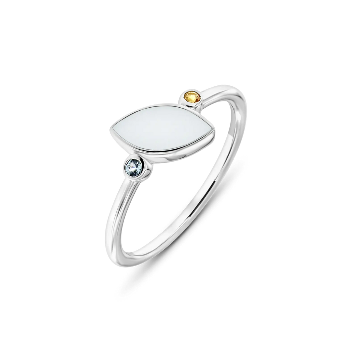 Lina Duo breast milk ring in silver with a marquise milk stone and two small birthstones, blue and yellow