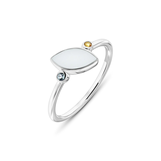 Lina Duo breast milk ring in silver with a marquise milk stone and two small birthstones, blue and yellow