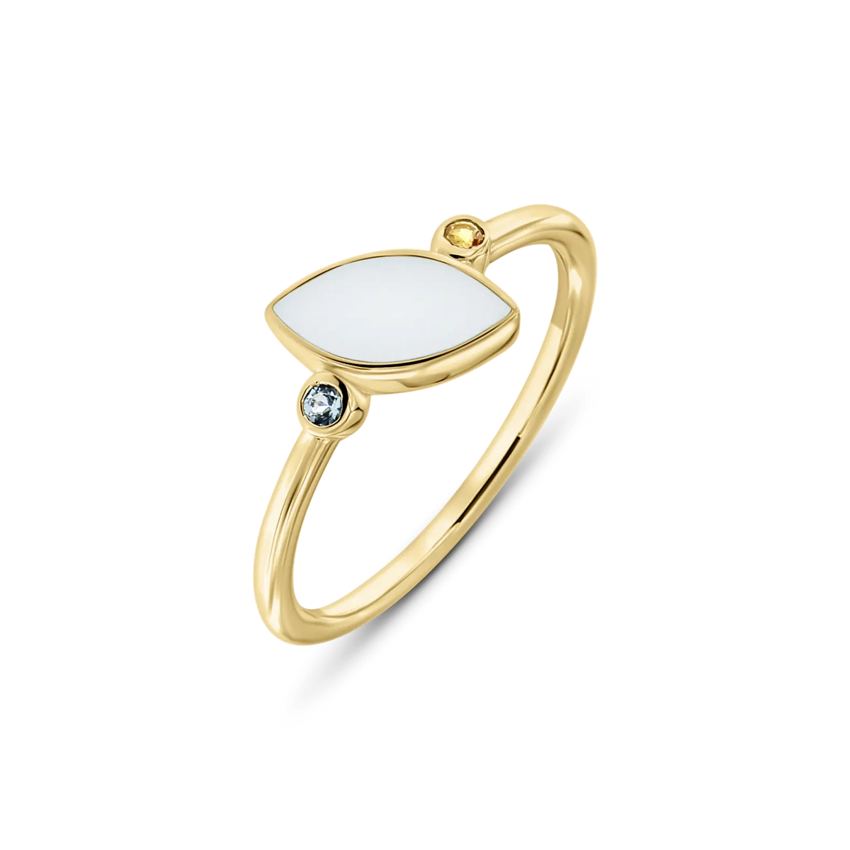 Lina Duo breast milk ring in yellow gold with a marquise milk stone and two small birthstones, blue and yellow