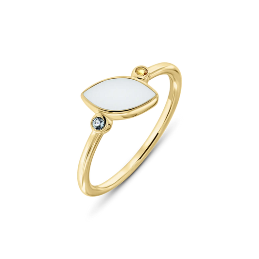 Lina Duo breast milk ring in yellow gold with a marquise milk stone and two small birthstones, blue and yellow