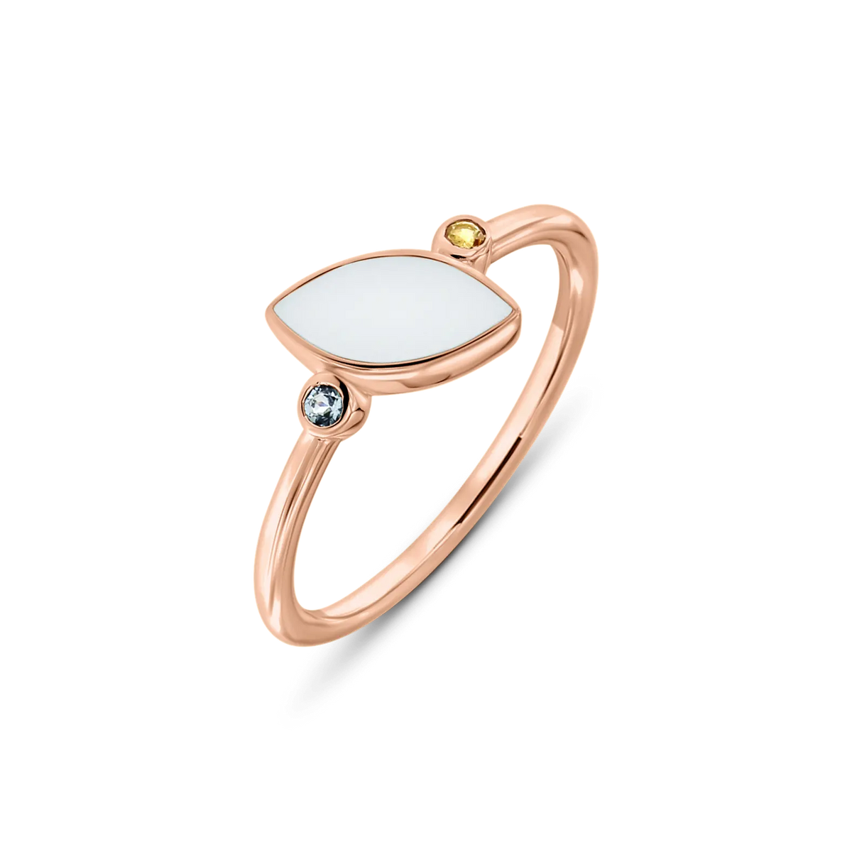 Lina Duo breast milk ring in rose gold with a marquise milk stone and two small birthstones, blue and yellow