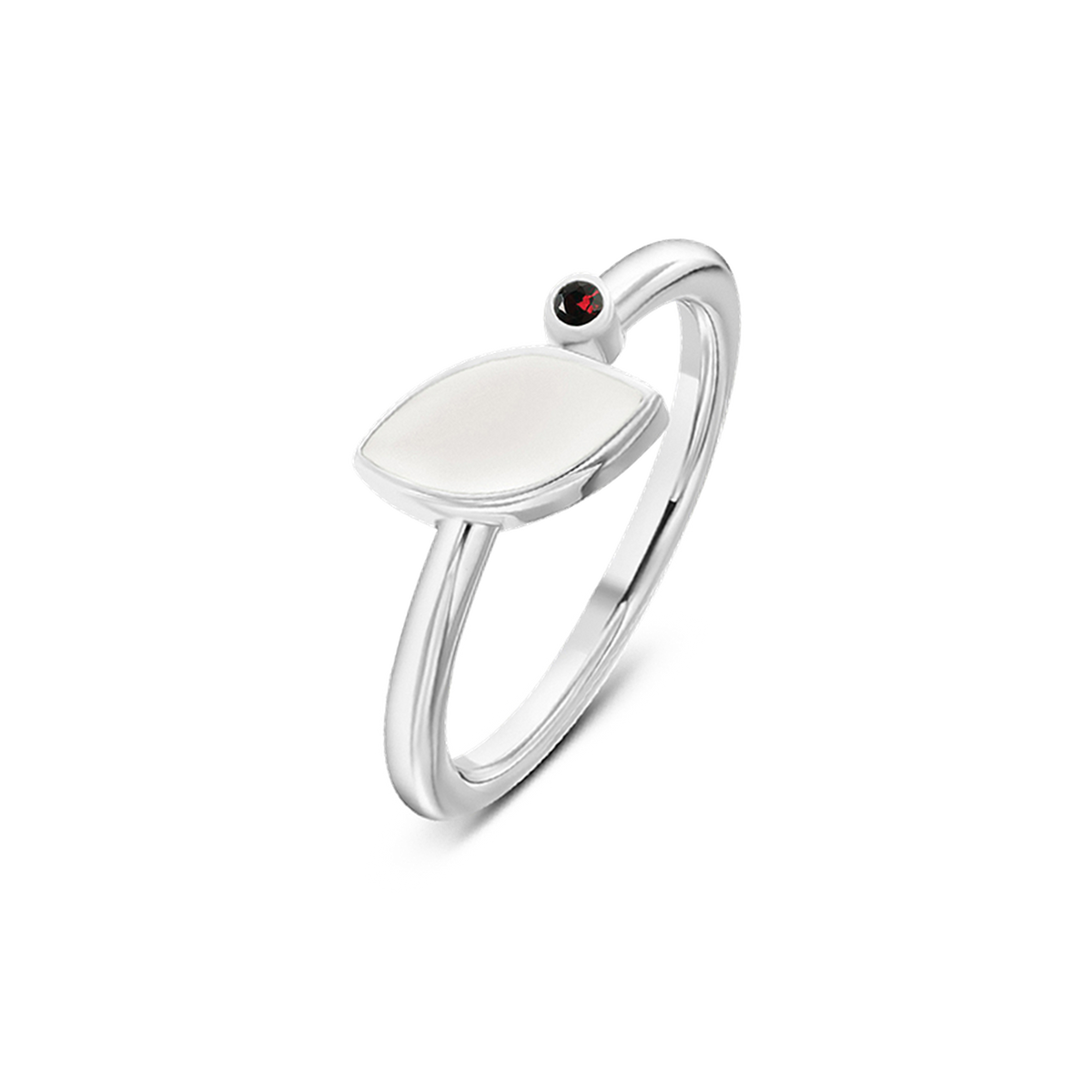 Lina breast milk ring in silver with a marquise milk stone and small garnet birthstone (January)