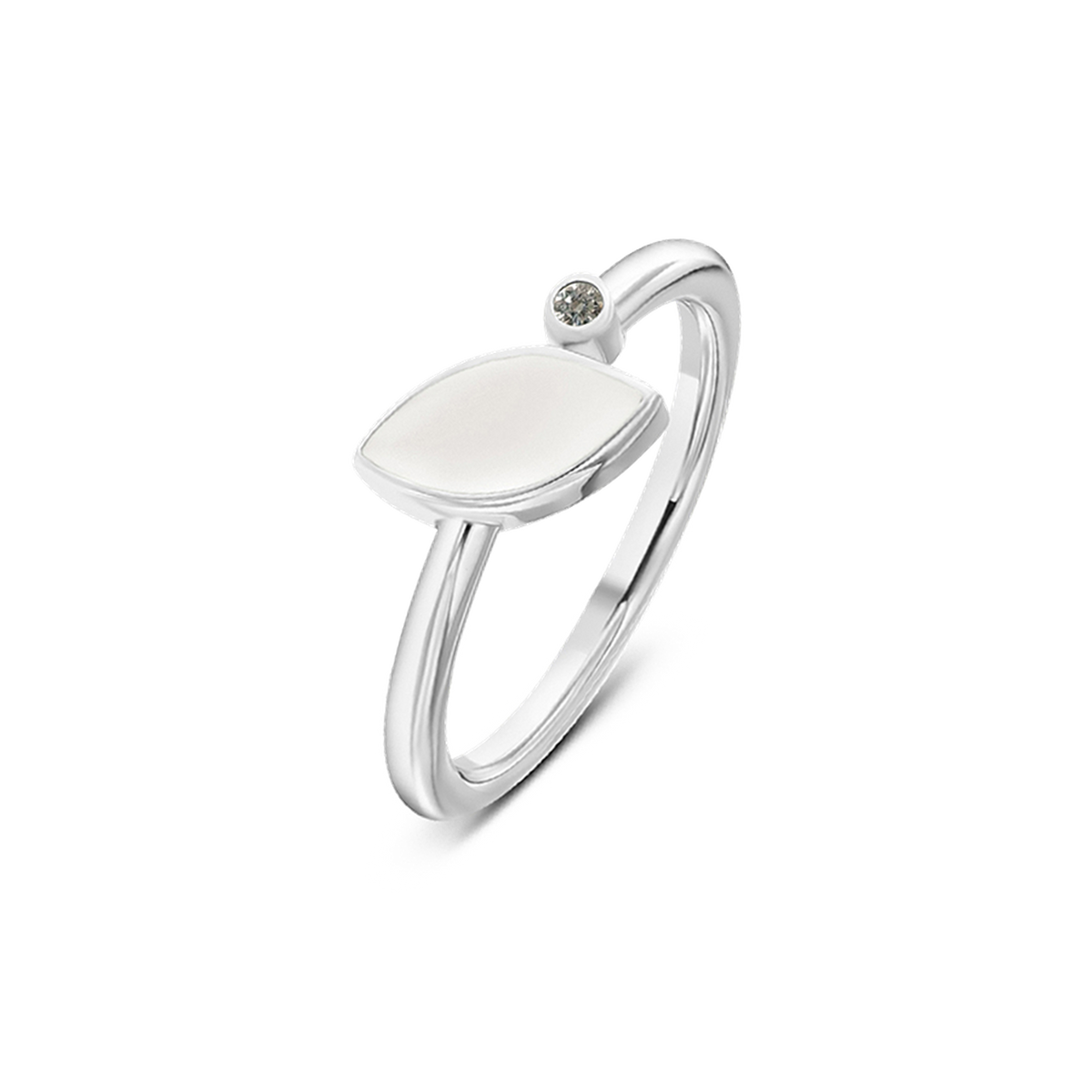 Lina breast milk ring in silver with a marquise milk stone and small lab-grown diamond birthstone (April)