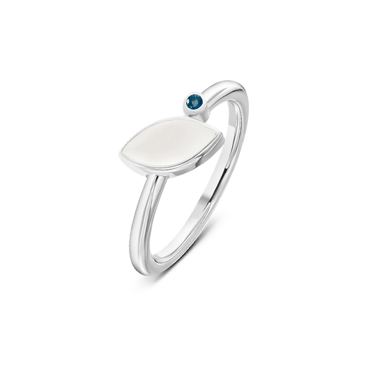Lina breast milk ring in silver with a marquise milk stone and small sapphire birthstone (September)