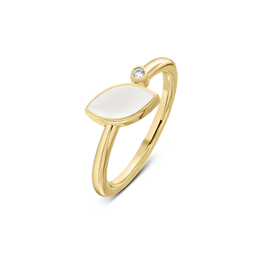 Lina breast milk ring in yellow gold with a marquise milk stone and small clear cubic zirconia