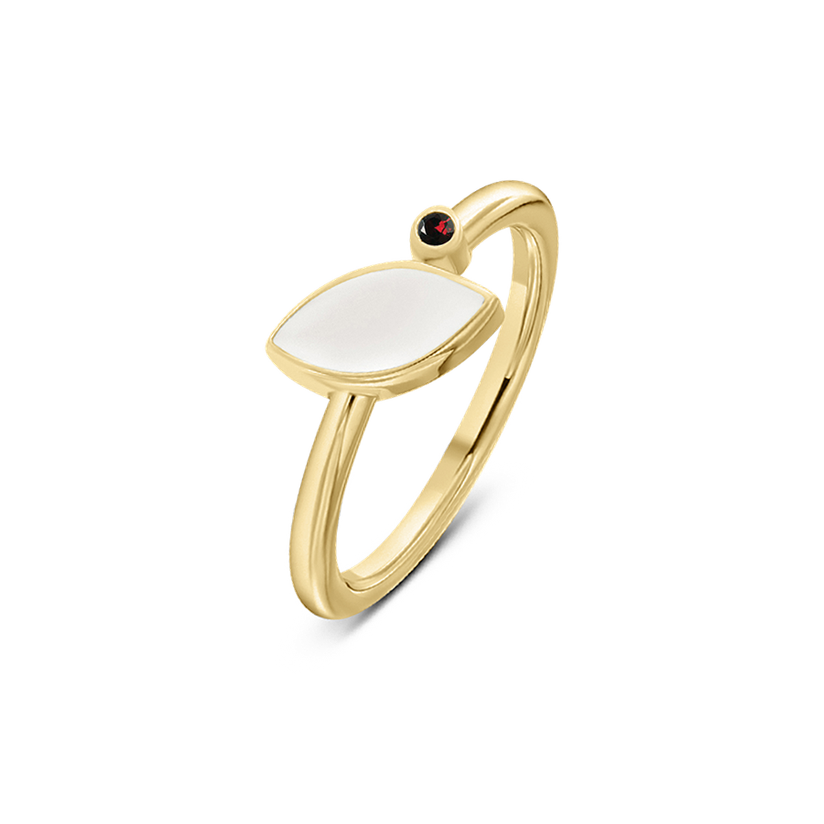 Lina breast milk ring in yellow gold with a marquise milk stone and small garnet birthstone (January)